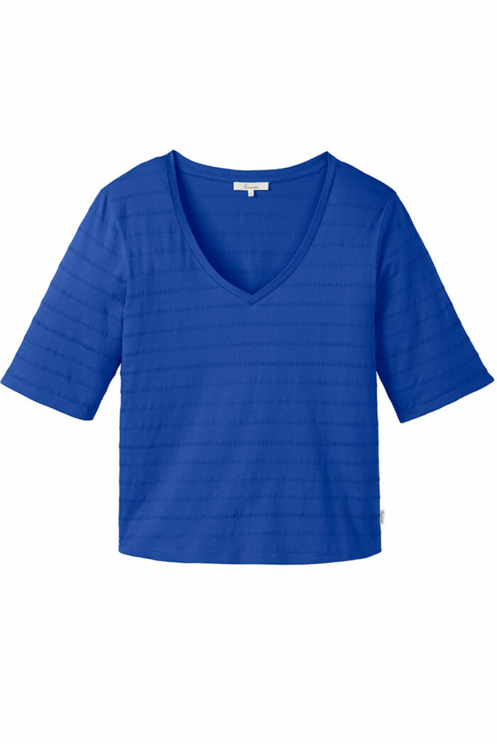 Ajour V-hals t-shirt biokatoen blauw