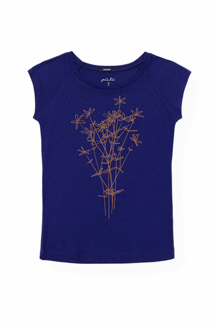 T-shirt bamboe-biokatoen wilde bloemen kobaltblauw